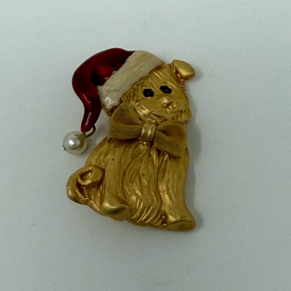 Gold Red Dog Enamel Metal Brooch Pin Christmas Fashion Costume Faux Pearl